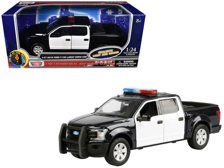 2019 Ford F-150 Lariat Crew Cab Pickup Truck Black and White with Flashing Light Bar and Front and Rear Lights and Sounds 1/27 Diecast Model Car by Motormax-Motormax-ModelCars.com