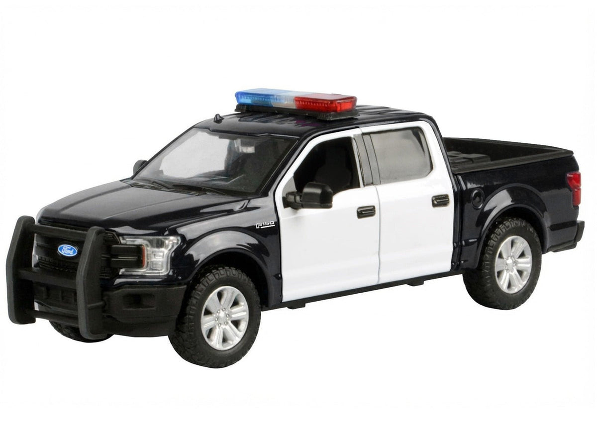 2019 Ford F-150 Lariat Crew Cab Pickup Truck Black and White with Flashing Light Bar and Front and Rear Lights and Sounds 1/27 Diecast Model Car by Motormax-Motormax-ModelCars.com