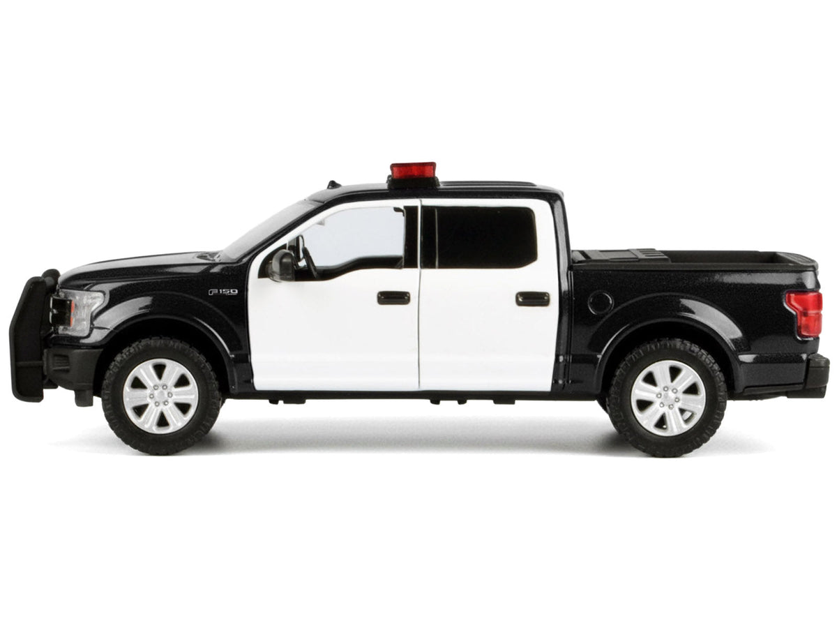 2019 Ford F-150 Lariat Crew Cab Pickup Truck Black and White with Flashing Light Bar and Front and Rear Lights and Sounds 1/27 Diecast Model Car by Motormax-Motormax-ModelCars.com