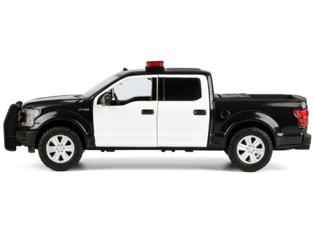 2019 Ford F-150 Lariat Crew Cab Pickup Truck Black and White with Flashing Light Bar and Front and Rear Lights and Sounds 1/27 Diecast Model Car by Motormax-Motormax-ModelCars.com