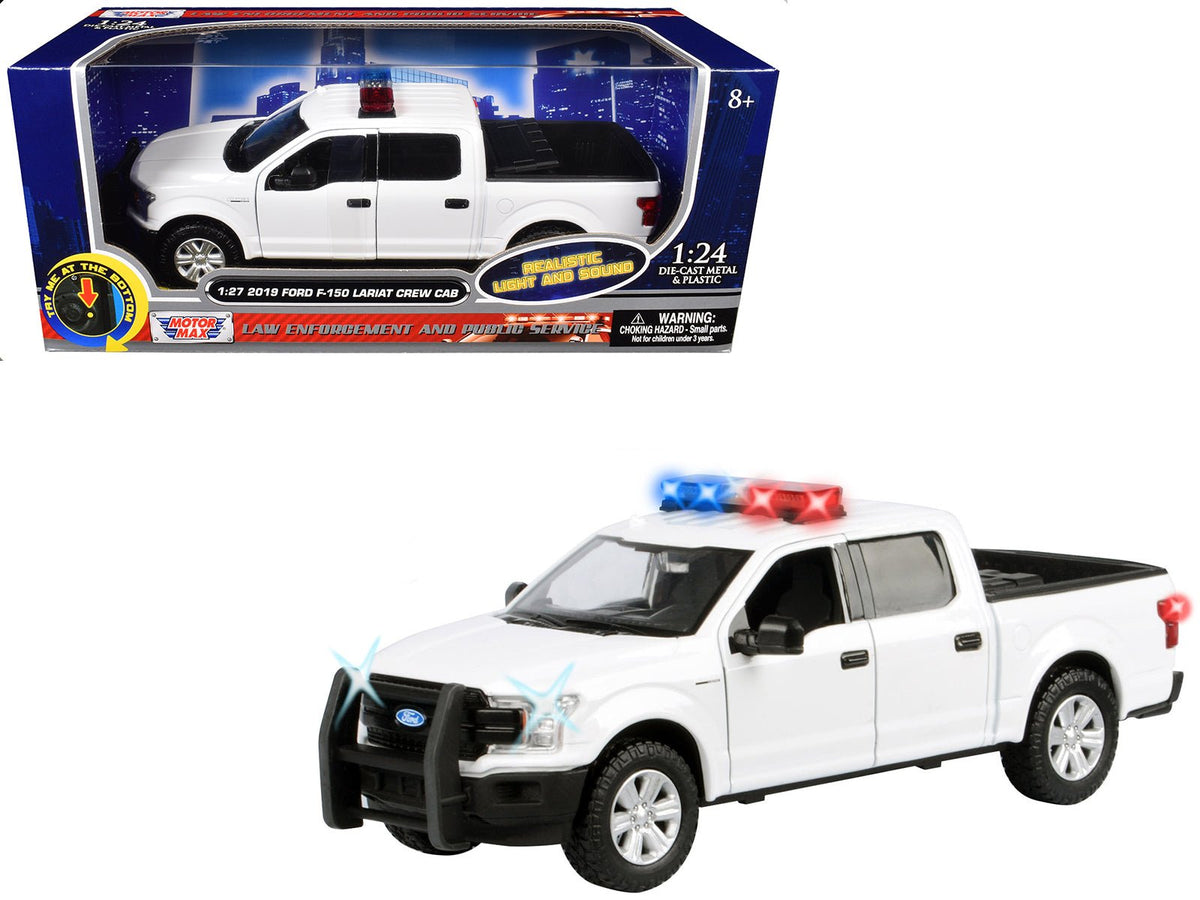 2019 Ford F-150 Lariat Crew Cab Pickup Truck White with Flashing Light Bar and Front and Rear Lights and Sounds 1/27 Diecast Model Car by Motormax-Motormax-ModelCars.com
