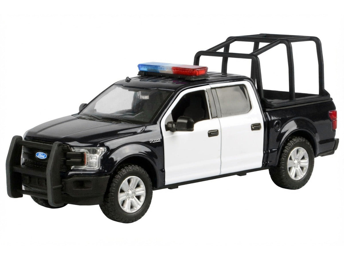 2019 Ford F-150 Lariat Crew Cab Pickup Truck with Bed Cage Black and White with Flashing Light Bar and Front and Rear Lights and Sounds 1/27 Diecast Model Car by Motormax-Motormax-ModelCars.com