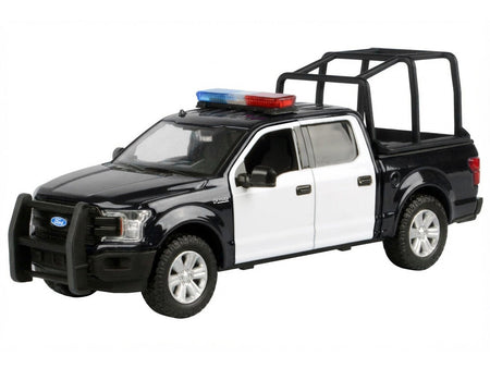2019 Ford F-150 Lariat Crew Cab Pickup Truck with Bed Cage Black and White with Flashing Light Bar and Front and Rear Lights and Sounds 1/27 Diecast Model Car by Motormax-Motormax-ModelCars.com