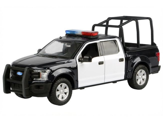 2019 Ford F-150 Lariat Crew Cab Pickup Truck with Bed Cage Black and White with Flashing Light Bar and Front and Rear Lights and Sounds 1/27 Diecast Model Car by Motormax-Motormax-ModelCars.com