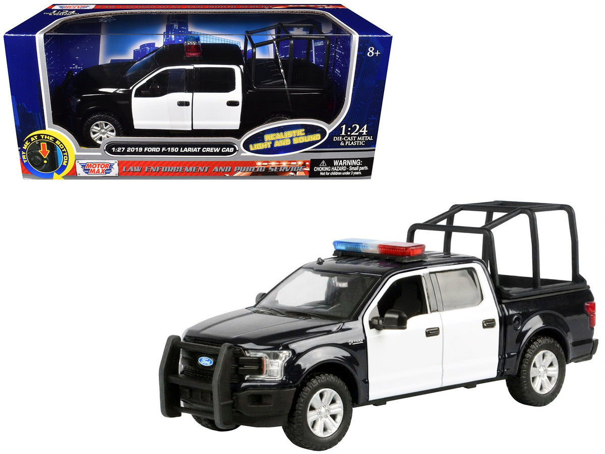 2019 Ford F-150 Lariat Crew Cab Pickup Truck with Bed Cage Black and White with Flashing Light Bar and Front and Rear Lights and Sounds 1/27 Diecast Model Car by Motormax-Motormax-ModelCars.com