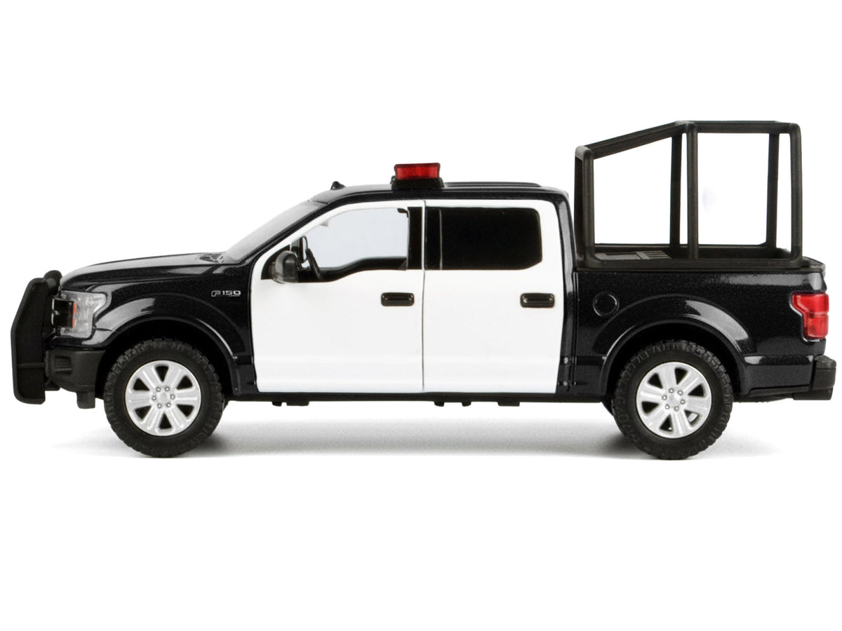 2019 Ford F-150 Lariat Crew Cab Pickup Truck with Bed Cage Black and White with Flashing Light Bar and Front and Rear Lights and Sounds 1/27 Diecast Model Car by Motormax-Motormax-ModelCars.com