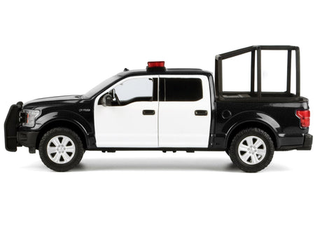 2019 Ford F-150 Lariat Crew Cab Pickup Truck with Bed Cage Black and White with Flashing Light Bar and Front and Rear Lights and Sounds 1/27 Diecast Model Car by Motormax-Motormax-ModelCars.com