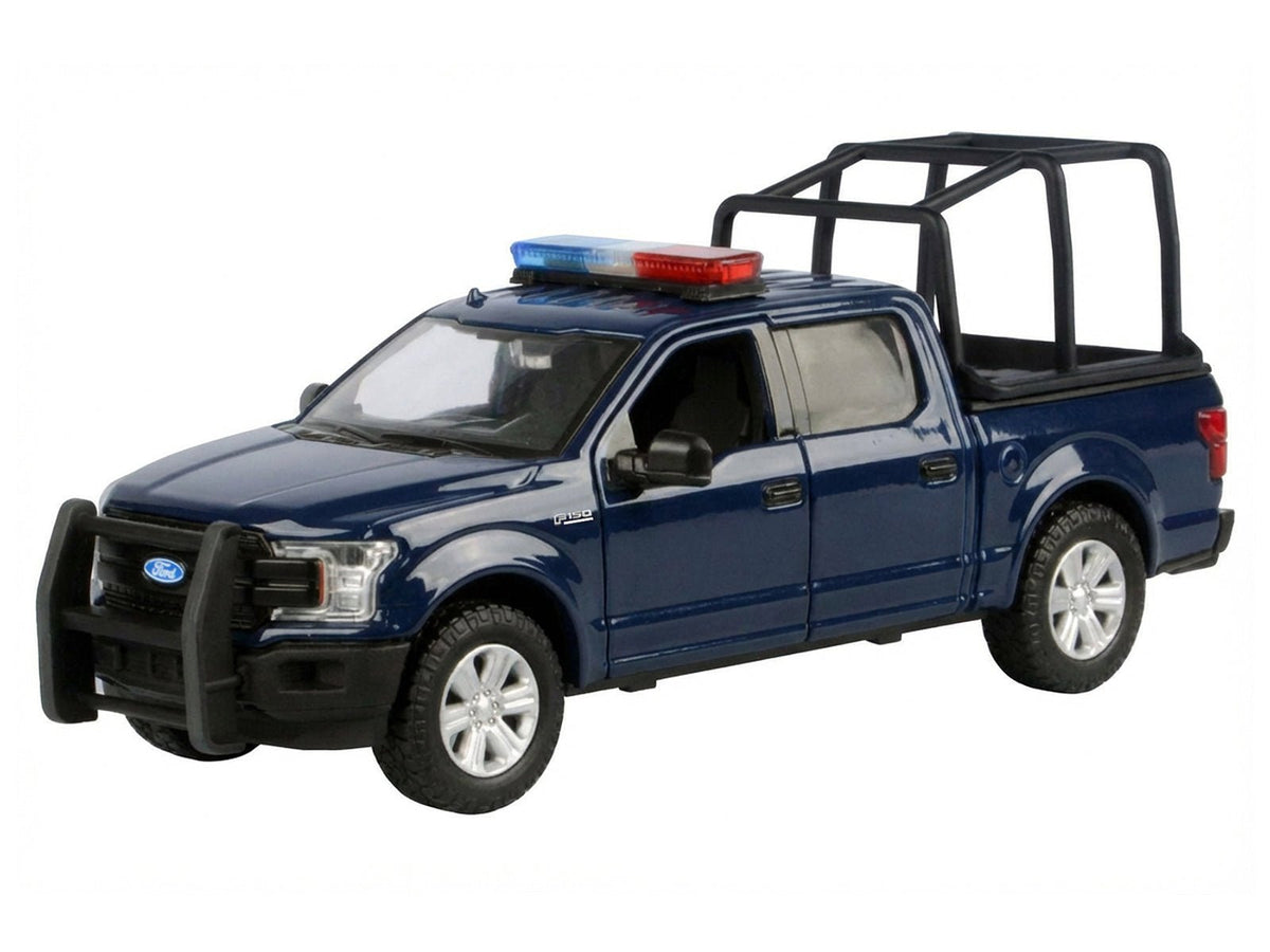 2019 Ford F-150 Lariat Crew Cab Pickup Truck with Bed Cage Dark Blue with Flashing Light Bar and Front and Rear Lights and Sounds 1/27 Diecast Model Car by Motormax-Motormax-ModelCars.com