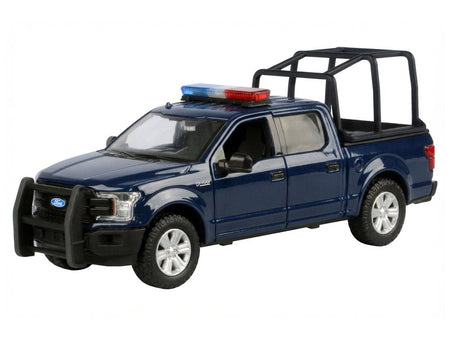 2019 Ford F-150 Lariat Crew Cab Pickup Truck with Bed Cage Dark Blue with Flashing Light Bar and Front and Rear Lights and Sounds 1/27 Diecast Model Car by Motormax-Motormax-ModelCars.com