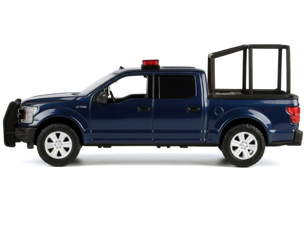 2019 Ford F-150 Lariat Crew Cab Pickup Truck with Bed Cage Dark Blue with Flashing Light Bar and Front and Rear Lights and Sounds 1/27 Diecast Model Car by Motormax-Motormax-ModelCars.com