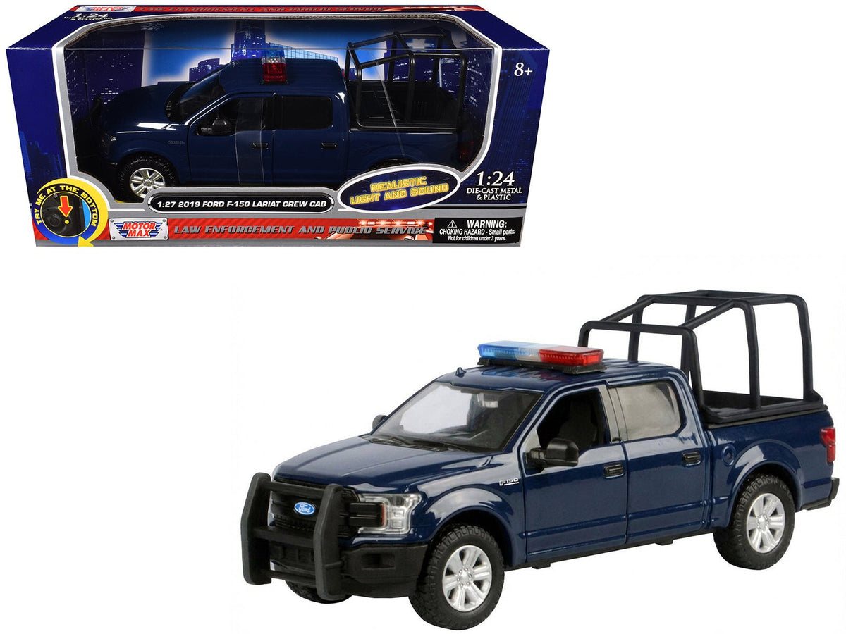 2019 Ford F-150 Lariat Crew Cab Pickup Truck with Bed Cage Dark Blue with Flashing Light Bar and Front and Rear Lights and Sounds 1/27 Diecast Model Car by Motormax-Motormax-ModelCars.com