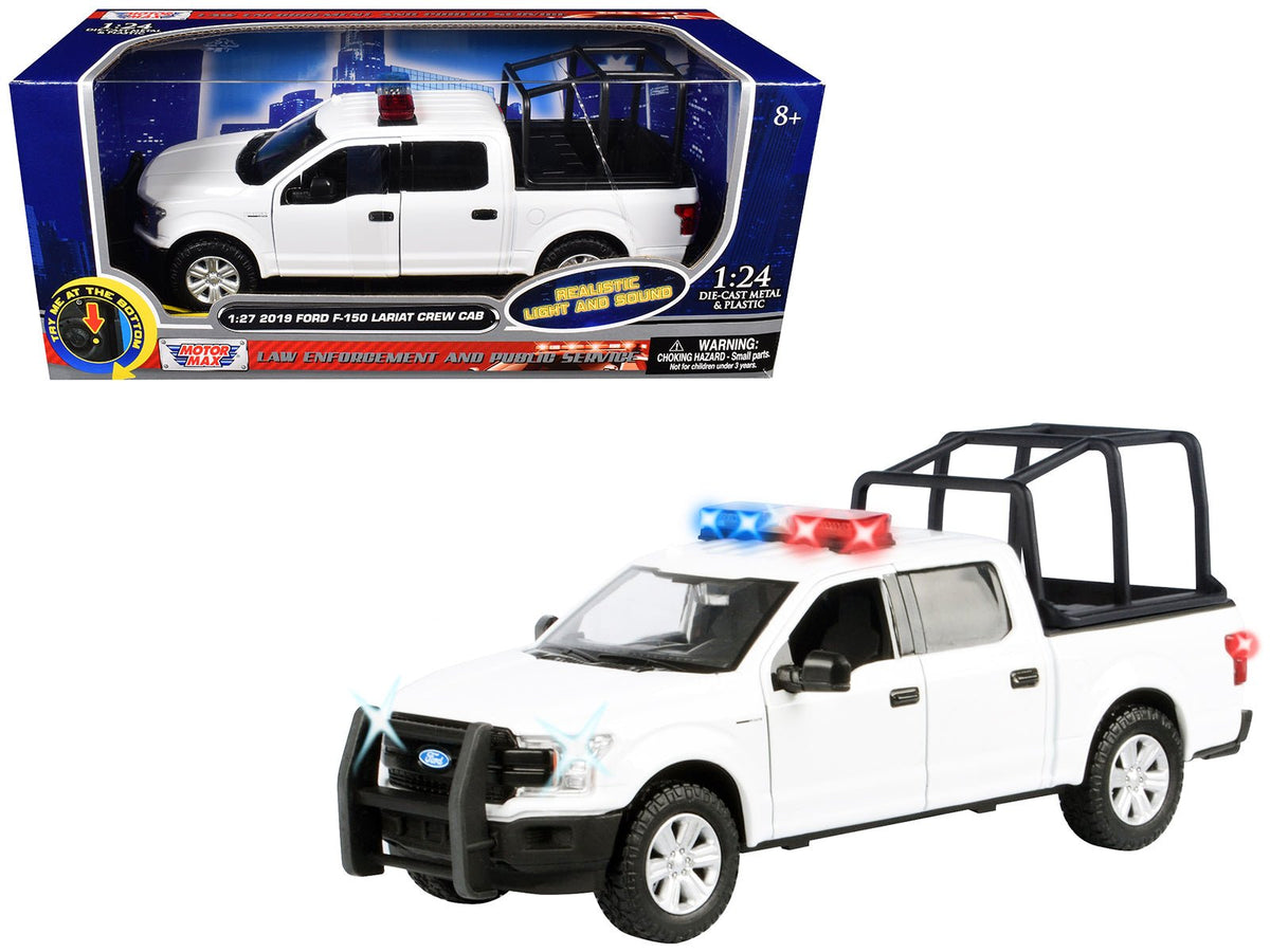2019 Ford F-150 Lariat Crew Cab Pickup Truck with Bed Cage White with Flashing Light Bar and Front and Rear Lights and Sounds 1/27 Diecast Model Car by Motormax-Motormax-ModelCars.com