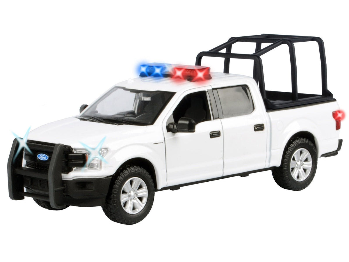 2019 Ford F-150 Lariat Crew Cab Pickup Truck with Bed Cage White with Flashing Light Bar and Front and Rear Lights and Sounds 1/27 Diecast Model Car by Motormax-Motormax-ModelCars.com