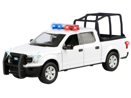 2019 Ford F-150 Lariat Crew Cab Pickup Truck with Bed Cage White with Flashing Light Bar and Front and Rear Lights and Sounds 1/27 Diecast Model Car by Motormax-Motormax-ModelCars.com