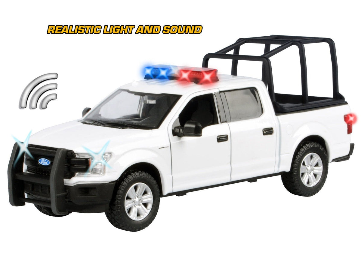 2019 Ford F-150 Lariat Crew Cab Pickup Truck with Bed Cage White with Flashing Light Bar and Front and Rear Lights and Sounds 1/27 Diecast Model Car by Motormax-Motormax-ModelCars.com