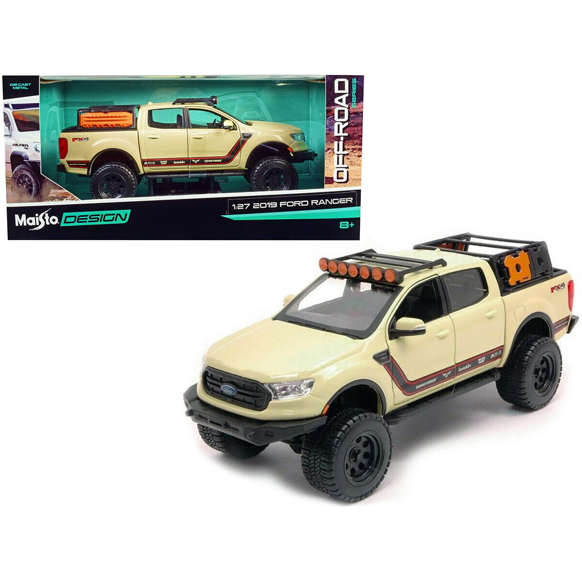 2019 Ford Ranger Lariat FX4 Pickup Truck Sand Tan with Stripes "Off Road" Series 1/27 Diecast Model Car by Maisto - Maisto - ModelCars.com