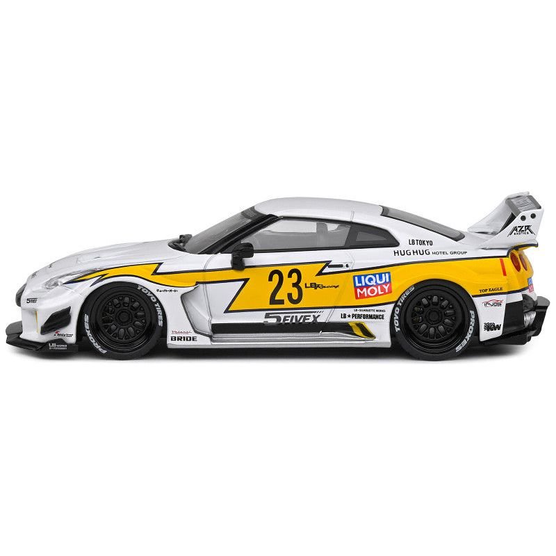 2019 Nissan GTR35 "LBWK Silhouette" RHD (Right Hand Drive) 23 White with Yellow Graphics 1/43 Diecast Model Car by Solido - Solido - ModelCars.com