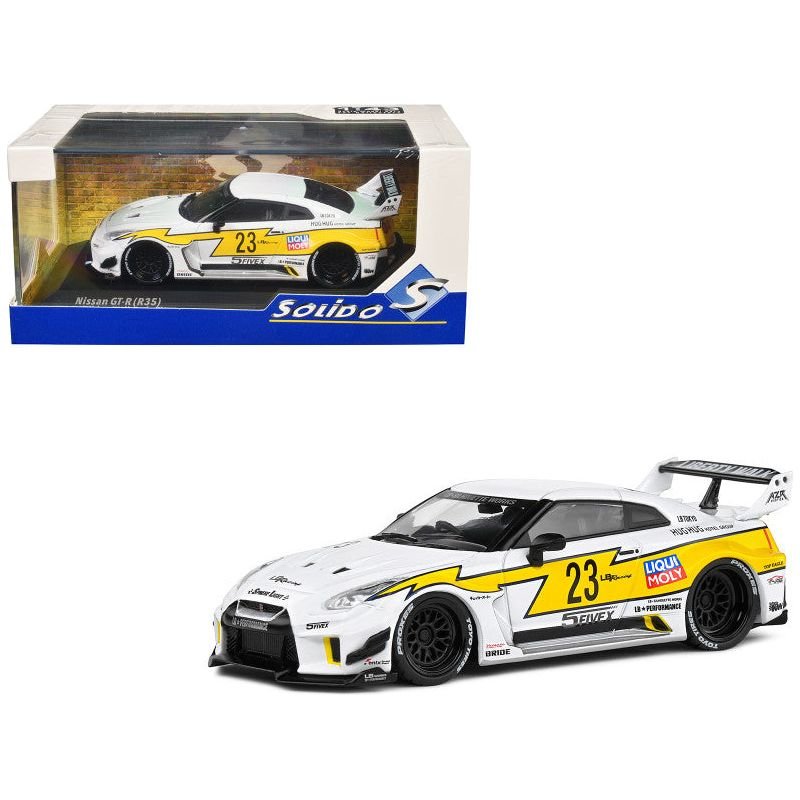 2019 Nissan GTR35 "LBWK Silhouette" RHD (Right Hand Drive) 23 White with Yellow Graphics 1/43 Diecast Model Car by Solido - Solido - ModelCars.com