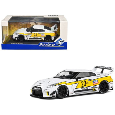 2019 Nissan GTR35 "LBWK Silhouette" RHD (Right Hand Drive) 23 White with Yellow Graphics 1/43 Diecast Model Car by Solido - Solido - ModelCars.com