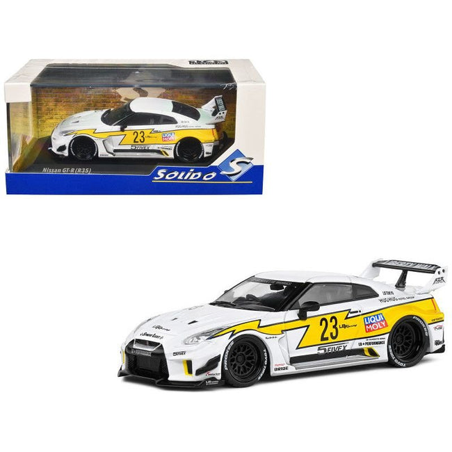 2019 Nissan GTR35 "LBWK Silhouette" RHD (Right Hand Drive) 23 White with Yellow Graphics 1/43 Diecast Model Car by Solido - Solido - ModelCars.com