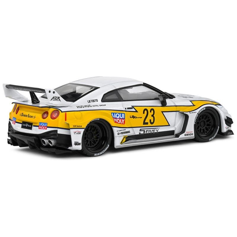 2019 Nissan GTR35 "LBWK Silhouette" RHD (Right Hand Drive) 23 White with Yellow Graphics 1/43 Diecast Model Car by Solido - Solido - ModelCars.com