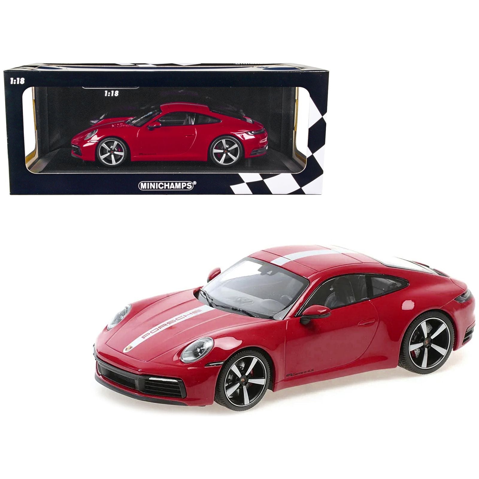 2019 Porsche 911 Carrera 4S Carmine Red with Silver Stripe Limited Edition to 600 pieces Worldwide 1/18 Diecast Model Car by Minichamps - Minichamps - ModelCars.com