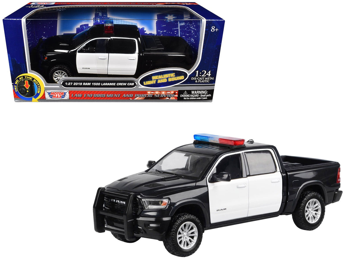 2019 RAM 1500 Laramie Crew Cab Pickup Truck Black and White with Flashing Light Bar and Front and Rear Lights and Sounds 1/27 Diecast Model Car by Motormax-Motormax-ModelCars.com