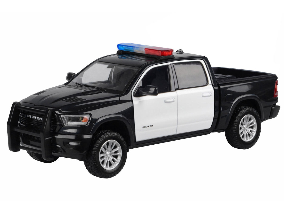 2019 RAM 1500 Laramie Crew Cab Pickup Truck Black and White with Flashing Light Bar and Front and Rear Lights and Sounds 1/27 Diecast Model Car by Motormax-Motormax-ModelCars.com