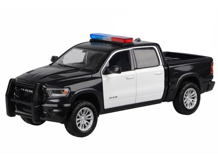 2019 RAM 1500 Laramie Crew Cab Pickup Truck Black and White with Flashing Light Bar and Front and Rear Lights and Sounds 1/27 Diecast Model Car by Motormax-Motormax-ModelCars.com