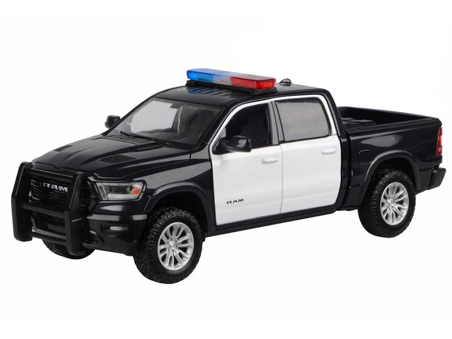 2019 RAM 1500 Laramie Crew Cab Pickup Truck Black and White with Flashing Light Bar and Front and Rear Lights and Sounds 1/27 Diecast Model Car by Motormax-Motormax-ModelCars.com