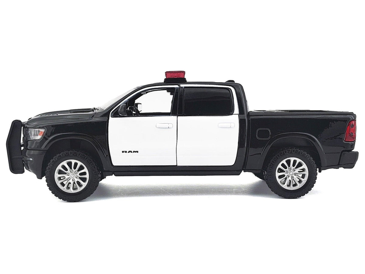 2019 RAM 1500 Laramie Crew Cab Pickup Truck Black and White with Flashing Light Bar and Front and Rear Lights and Sounds 1/27 Diecast Model Car by Motormax-Motormax-ModelCars.com