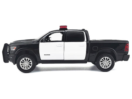 2019 RAM 1500 Laramie Crew Cab Pickup Truck Black and White with Flashing Light Bar and Front and Rear Lights and Sounds 1/27 Diecast Model Car by Motormax-Motormax-ModelCars.com