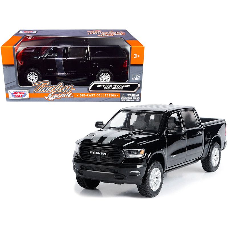 2019 RAM 1500 Laramie Crew Cab Pickup Truck Black with Silver Stripes 1/24 Diecast Model Car by Motormax - Motormax - ModelCars.com
