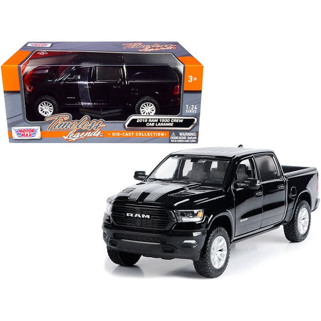 2019 RAM 1500 Laramie Crew Cab Pickup Truck Black with Silver Stripes 1/24 Diecast Model Car by Motormax - Motormax - ModelCars.com