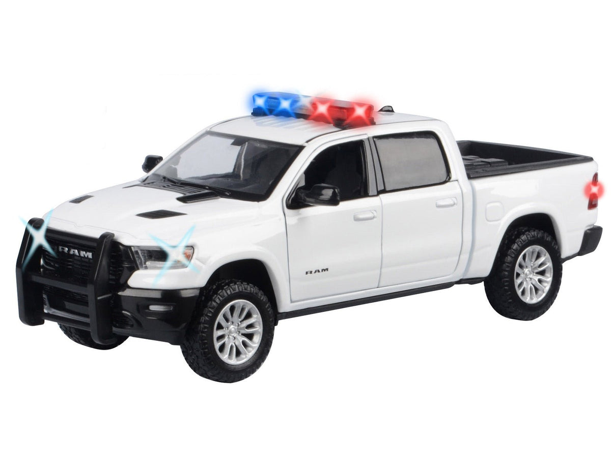 2019 RAM 1500 Laramie Crew Cab Pickup Truck White with Flashing Light Bar and Front and Rear Lights and Sounds 1/27 Diecast Model Car by Motormax-Motormax-ModelCars.com