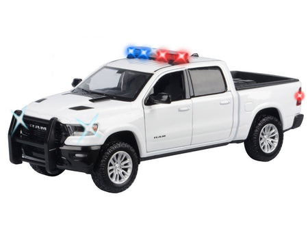 2019 RAM 1500 Laramie Crew Cab Pickup Truck White with Flashing Light Bar and Front and Rear Lights and Sounds 1/27 Diecast Model Car by Motormax-Motormax-ModelCars.com