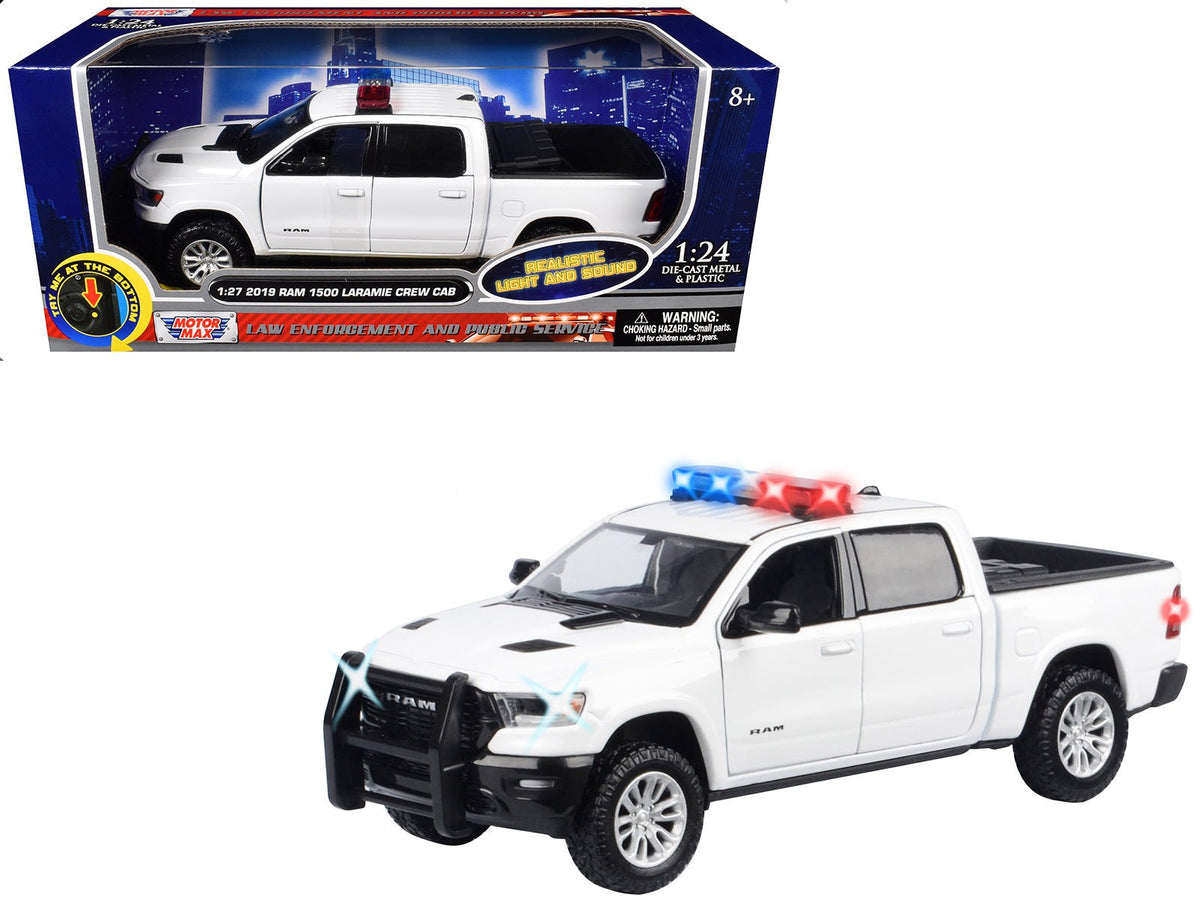 2019 RAM 1500 Laramie Crew Cab Pickup Truck White with Flashing Light Bar and Front and Rear Lights and Sounds 1/27 Diecast Model Car by Motormax-Motormax-ModelCars.com