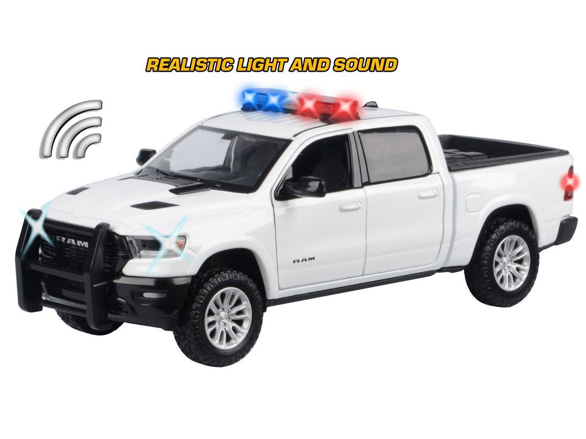 2019 RAM 1500 Laramie Crew Cab Pickup Truck White with Flashing Light Bar and Front and Rear Lights and Sounds 1/27 Diecast Model Car by Motormax-Motormax-ModelCars.com