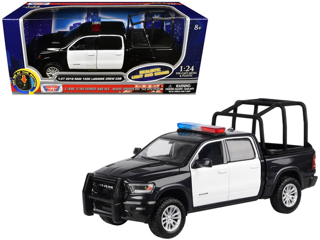 2019 RAM 1500 Laramie Crew Cab Pickup Truck with Bed Cage Black and White with Flashing Light Bar and Front and Rear Lights and Sounds 1/27 Diecast Model Car by Motormax-Motormax-ModelCars.com