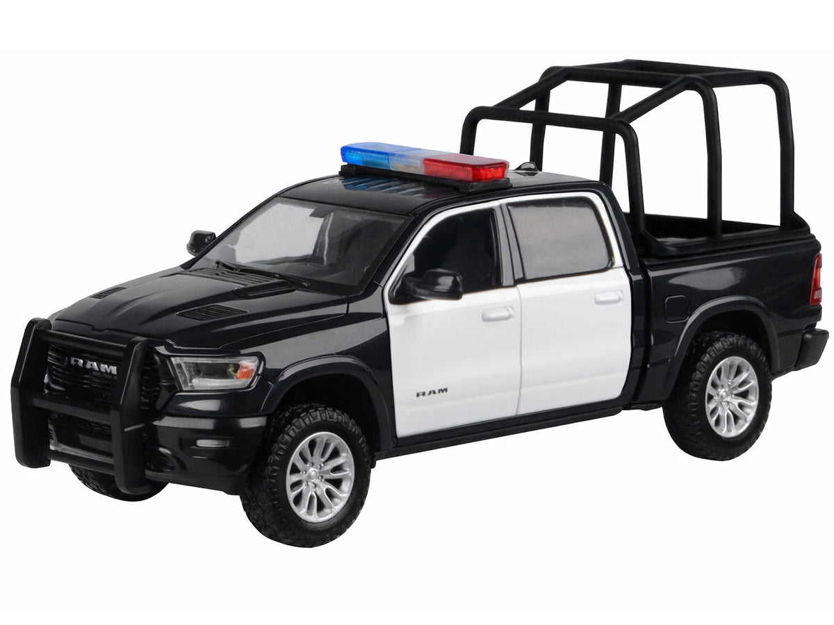 2019 RAM 1500 Laramie Crew Cab Pickup Truck with Bed Cage Black and White with Flashing Light Bar and Front and Rear Lights and Sounds 1/27 Diecast Model Car by Motormax-Motormax-ModelCars.com