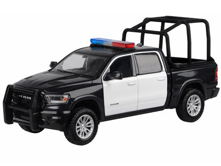 2019 RAM 1500 Laramie Crew Cab Pickup Truck with Bed Cage Black and White with Flashing Light Bar and Front and Rear Lights and Sounds 1/27 Diecast Model Car by Motormax-Motormax-ModelCars.com