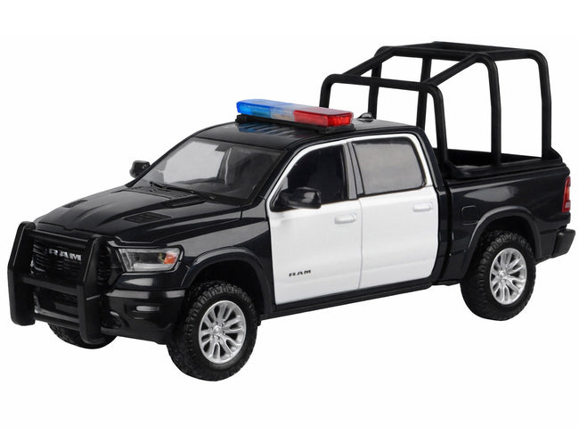 2019 RAM 1500 Laramie Crew Cab Pickup Truck with Bed Cage Black and White with Flashing Light Bar and Front and Rear Lights and Sounds 1/27 Diecast Model Car by Motormax-Motormax-ModelCars.com