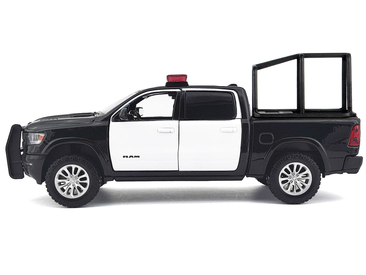 2019 RAM 1500 Laramie Crew Cab Pickup Truck with Bed Cage Black and White with Flashing Light Bar and Front and Rear Lights and Sounds 1/27 Diecast Model Car by Motormax-Motormax-ModelCars.com
