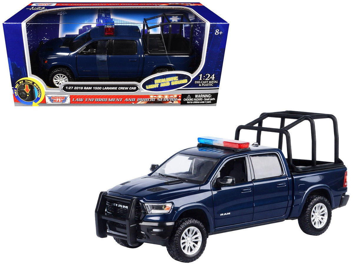 2019 RAM 1500 Laramie Crew Cab Pickup Truck with Bed Cage Dark Blue with Flashing Light Bar and Front and Rear Lights and Sounds 1/27 Diecast Model Car by Motormax-Motormax-ModelCars.com