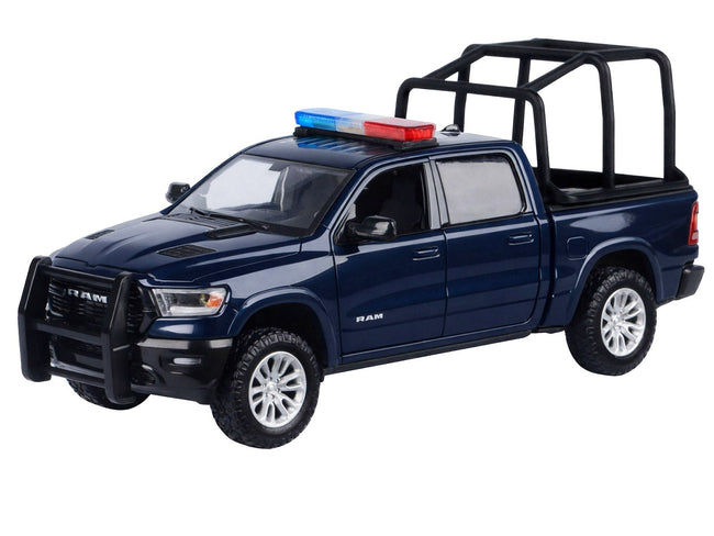 2019 RAM 1500 Laramie Crew Cab Pickup Truck with Bed Cage Dark Blue with Flashing Light Bar and Front and Rear Lights and Sounds 1/27 Diecast Model Car by Motormax-Motormax-ModelCars.com