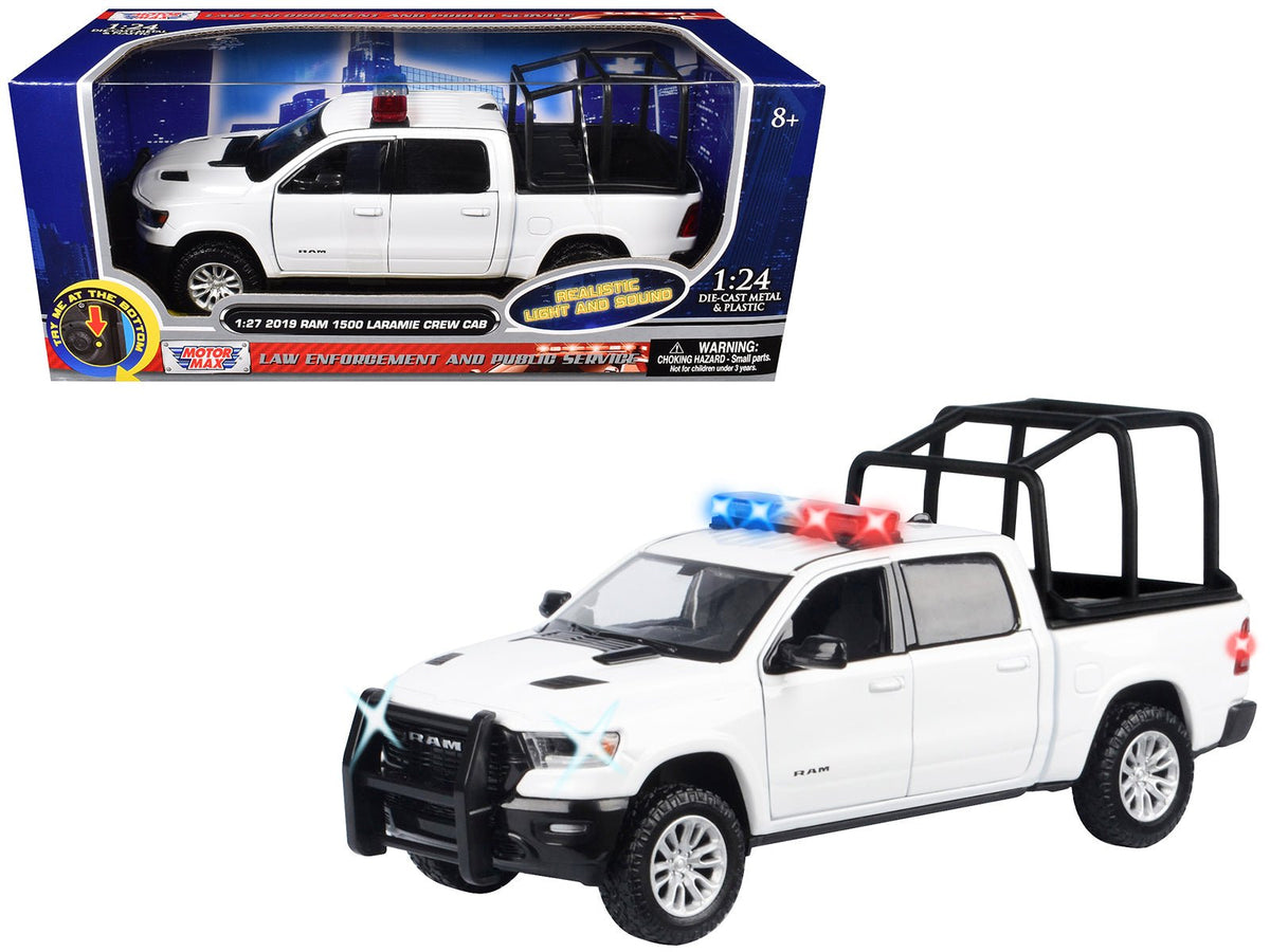 2019 RAM 1500 Laramie Crew Cab Pickup Truck with Bed Cage White with Flashing Light Bar and Front and Rear Lights and Sounds 1/27 Diecast Model Car by Motormax-Motormax-ModelCars.com