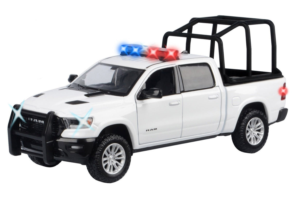 2019 RAM 1500 Laramie Crew Cab Pickup Truck with Bed Cage White with Flashing Light Bar and Front and Rear Lights and Sounds 1/27 Diecast Model Car by Motormax-Motormax-ModelCars.com