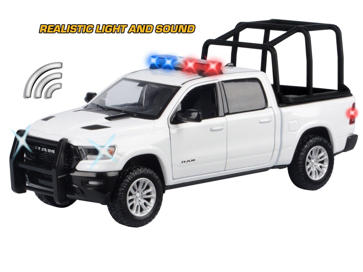 2019 RAM 1500 Laramie Crew Cab Pickup Truck with Bed Cage White with Flashing Light Bar and Front and Rear Lights and Sounds 1/27 Diecast Model Car by Motormax-Motormax-ModelCars.com