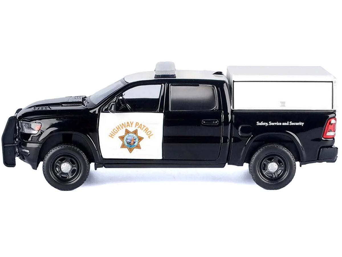 2019 RAM 1500 Laramine Crew Cab Pickup Truck "California Highway Patrol" Black and White with Truck Bed Camper "Law Enforcement and Public Service" Series 1/27 Diecast Model Car by Motormax-Motormax-ModelCars.com