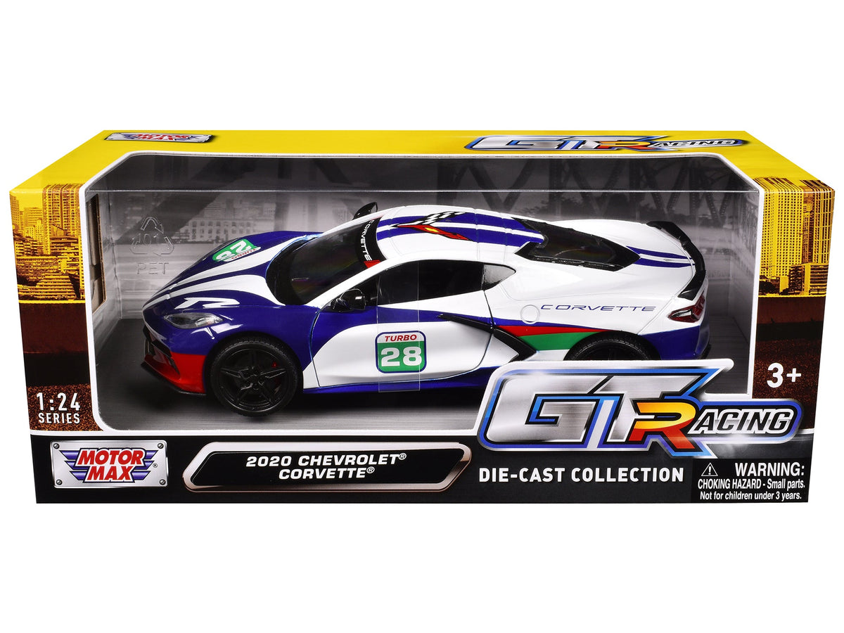 2020 Chevrolet Corvette #28 White with Blue Graphics "GT Racing" Series 1/24 Diecast Model Car by Motormax-Motormax-ModelCars.com